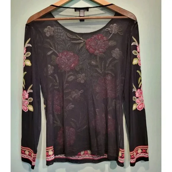 Black Sheer Pink Green Floral Embroidered Long Sleeve Top Whimsigoth Sz M - Picture 4 of 6